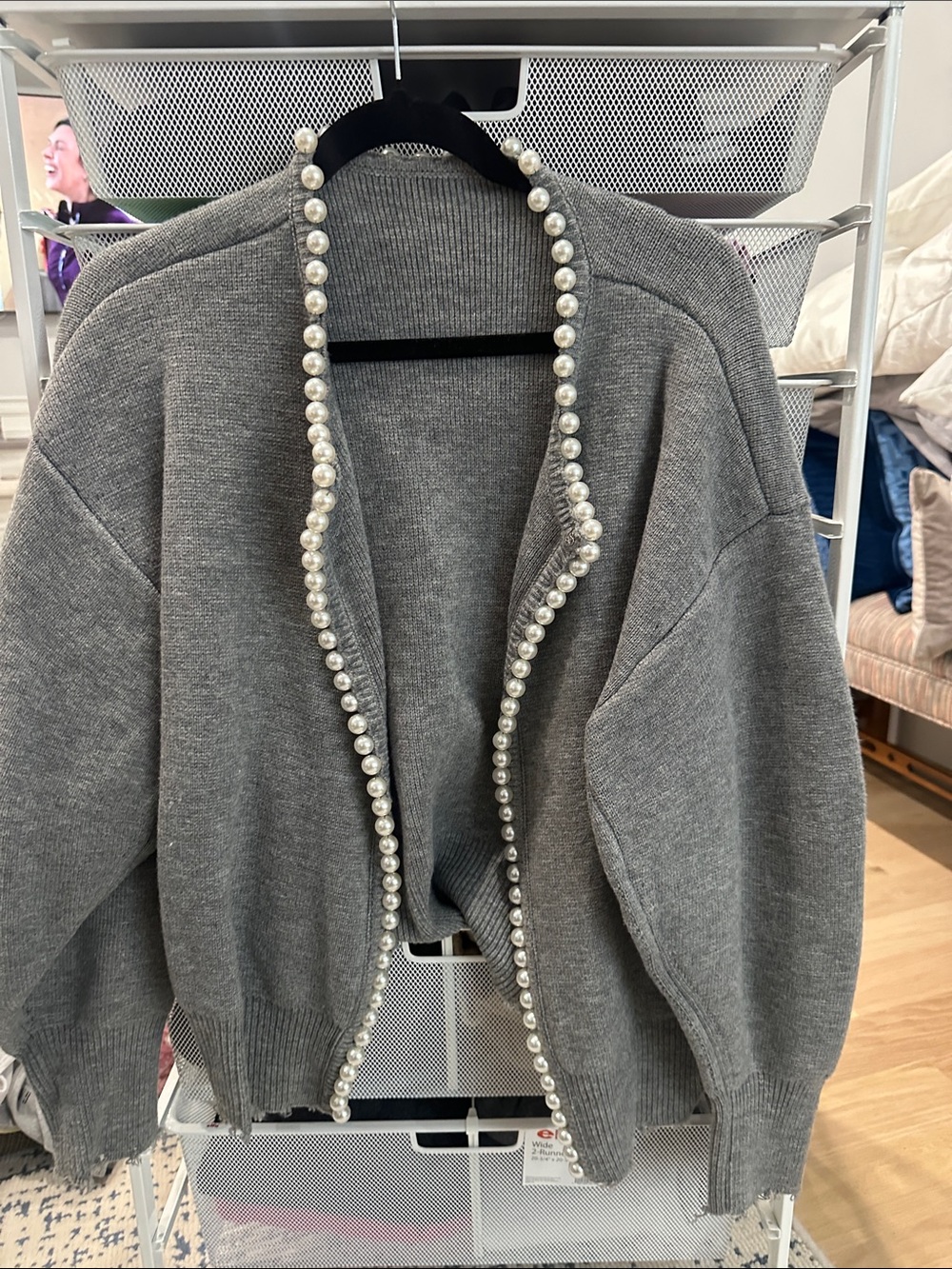 Commense Gray Open-Front Cardigan with Pearl Trim